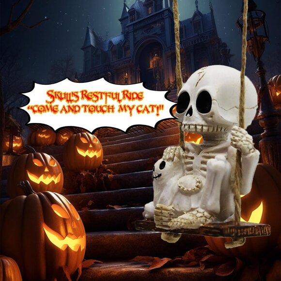 White Mini Resin Swing Skeleton Holding Ghost Cat Statue (3.1in) Halloween Decor - Picture 3 of 7